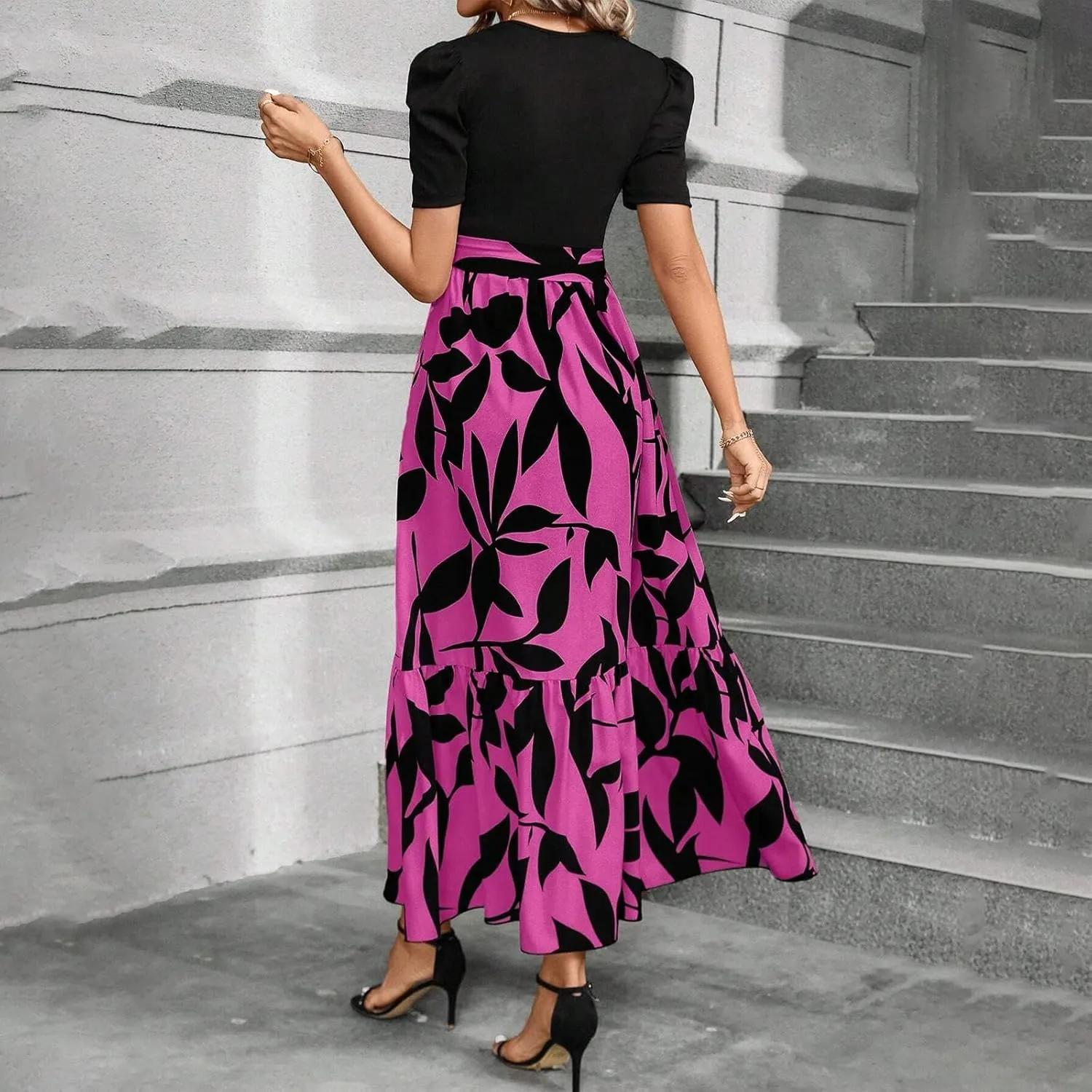 Long Floral Dresses for Women 2025 Elegant Boho Tie Belted Patchwork Empire Waist Short Sleeve Modest Flowy Maxi Dress