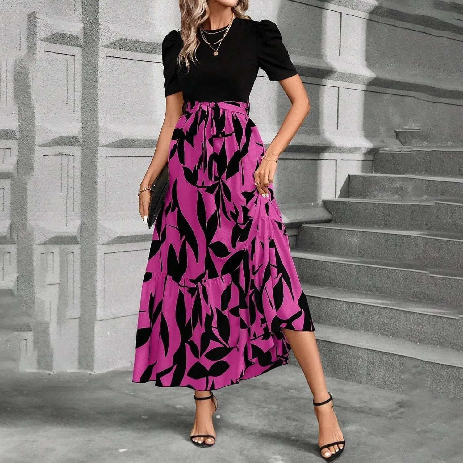 Long Floral Dresses for Women 2025 Elegant Boho Tie Belted Patchwork Empire Waist Short Sleeve Modest Flowy Maxi Dress