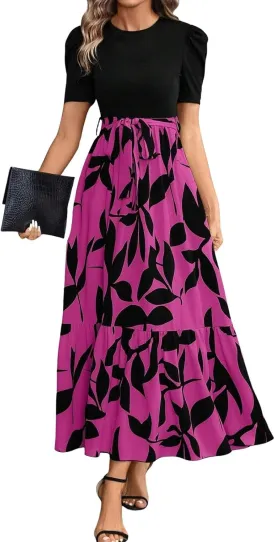 Long Floral Dresses for Women 2025 Elegant Boho Tie Belted Patchwork Empire Waist Short Sleeve Modest Flowy Maxi Dress