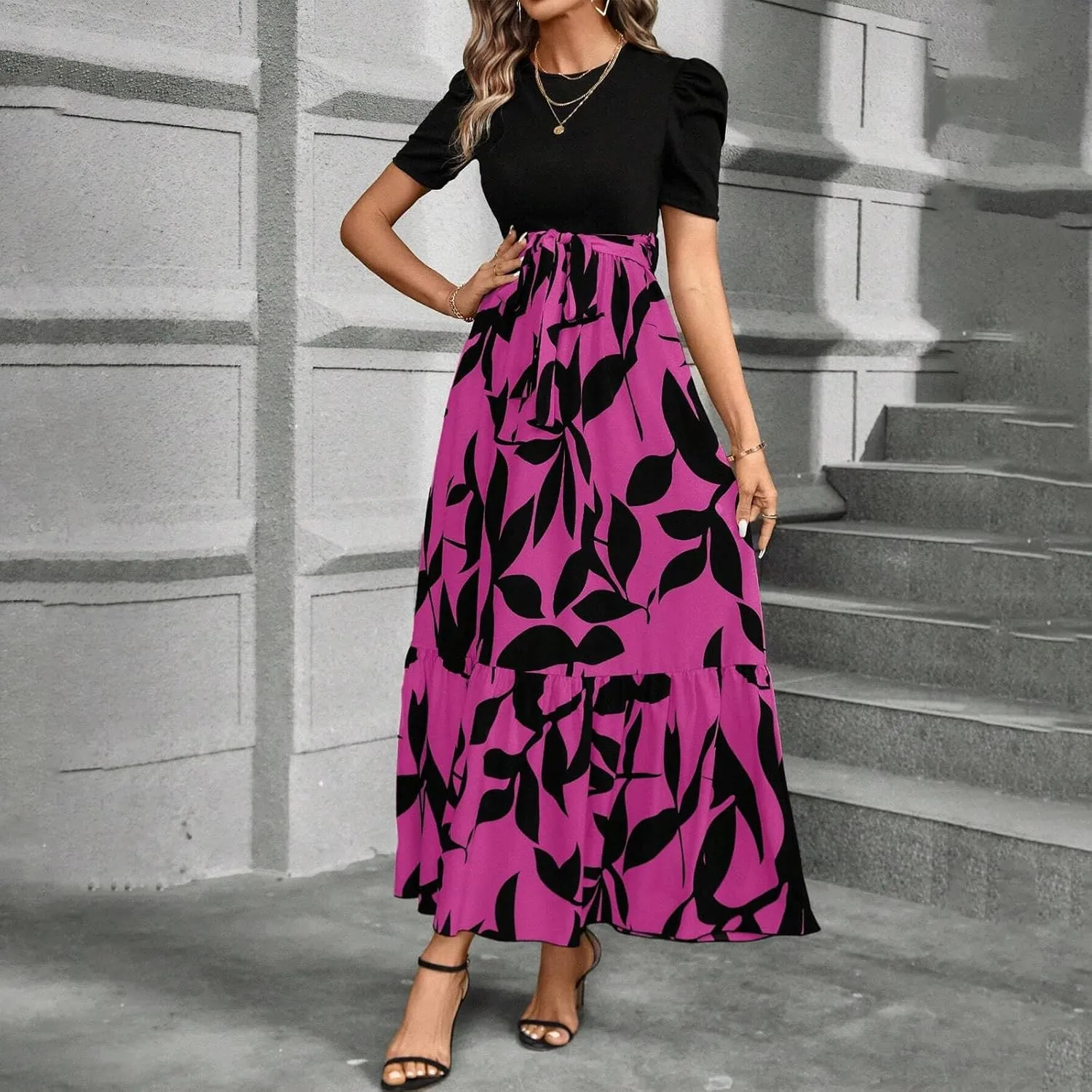 Long Floral Dresses for Women 2025 Elegant Boho Tie Belted Patchwork Empire Waist Short Sleeve Modest Flowy Maxi Dress