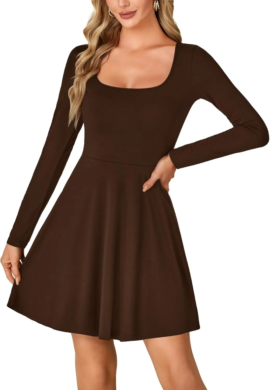 LYANER Women's Long Sleeve Mini Dress Loose Casual Empire Waist Above Knee Length Dresses