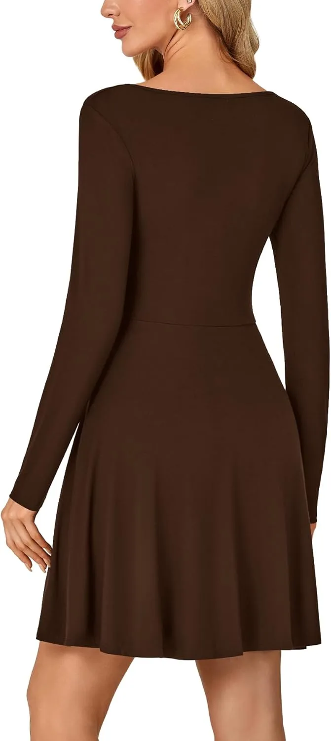 LYANER Women's Long Sleeve Mini Dress Loose Casual Empire Waist Above Knee Length Dresses
