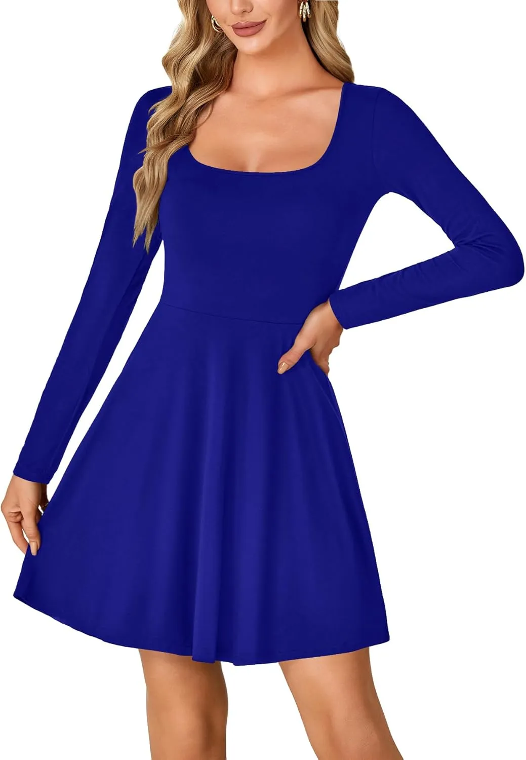 LYANER Women's Long Sleeve Mini Dress Loose Casual Empire Waist Above Knee Length Dresses
