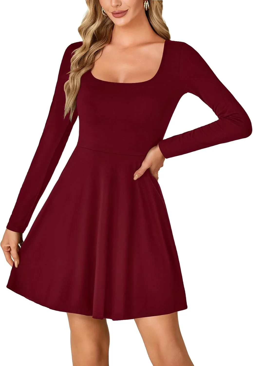 LYANER Women's Long Sleeve Mini Dress Loose Casual Empire Waist Above Knee Length Dresses