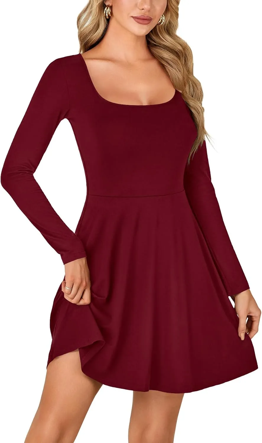 LYANER Women's Long Sleeve Mini Dress Loose Casual Empire Waist Above Knee Length Dresses