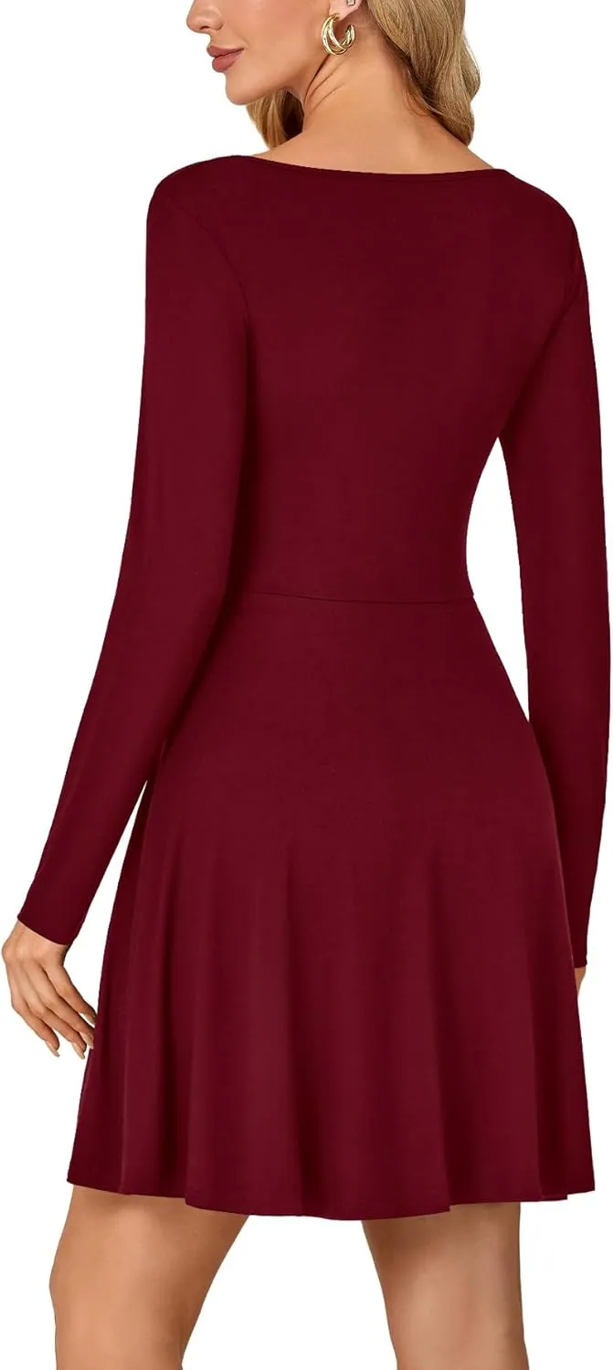 LYANER Women's Long Sleeve Mini Dress Loose Casual Empire Waist Above Knee Length Dresses