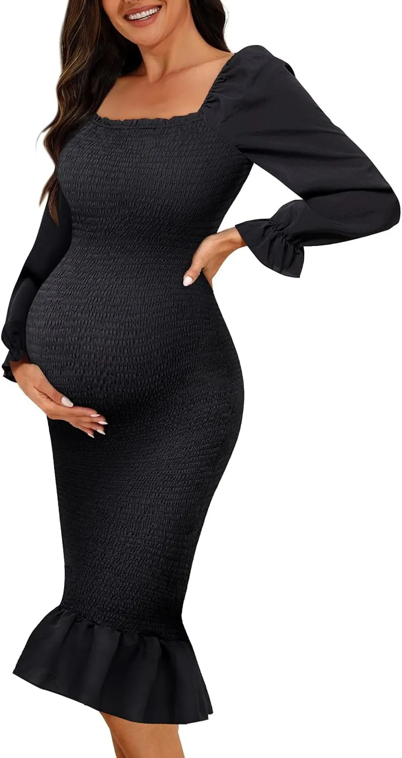 Maternity Dresses Baby Shower - Fall Long Sleeve Floral Smocked Bodycon Mermaid Midi Dress