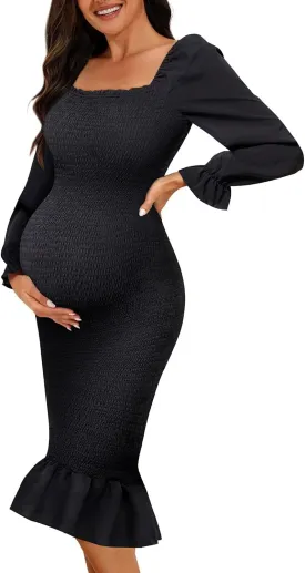Maternity Dresses Baby Shower - Fall Long Sleeve Floral Smocked Bodycon Mermaid Midi Dress