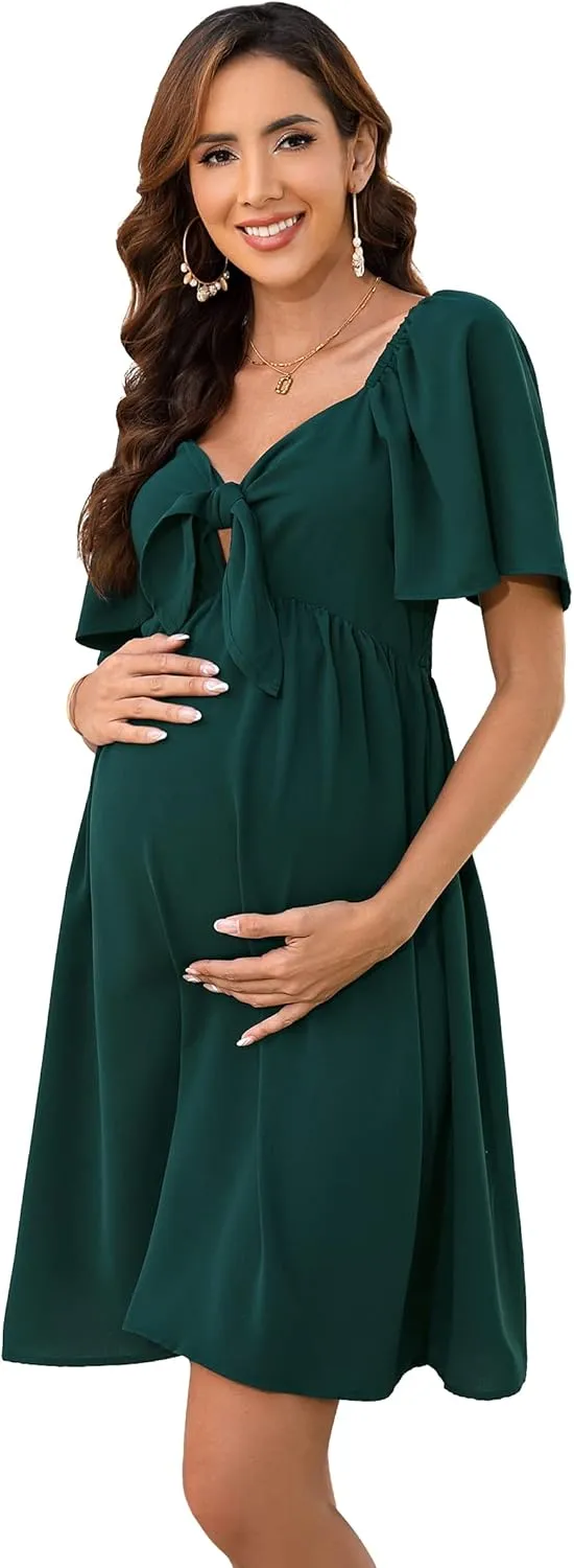 Maternity Dresses for Baby Shower Women's Knotted V Neck Knee Length Wrap Baby Shower Dress