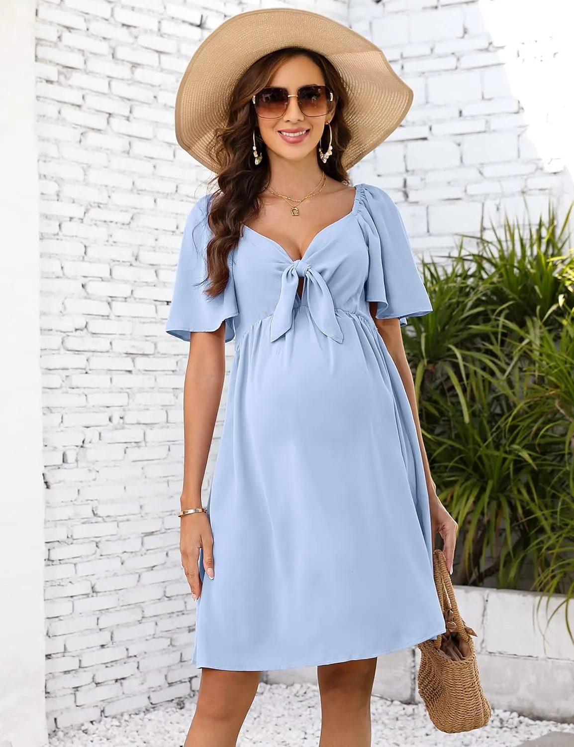 Maternity Dresses for Baby Shower Women's Knotted V Neck Knee Length Wrap Baby Shower Dress