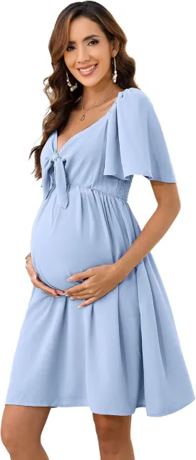 Maternity Dresses for Baby Shower Women's Knotted V Neck Knee Length Wrap Baby Shower Dress