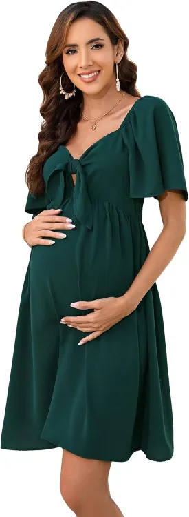 Maternity Dresses for Baby Shower Women's Knotted V Neck Knee Length Wrap Baby Shower Dress