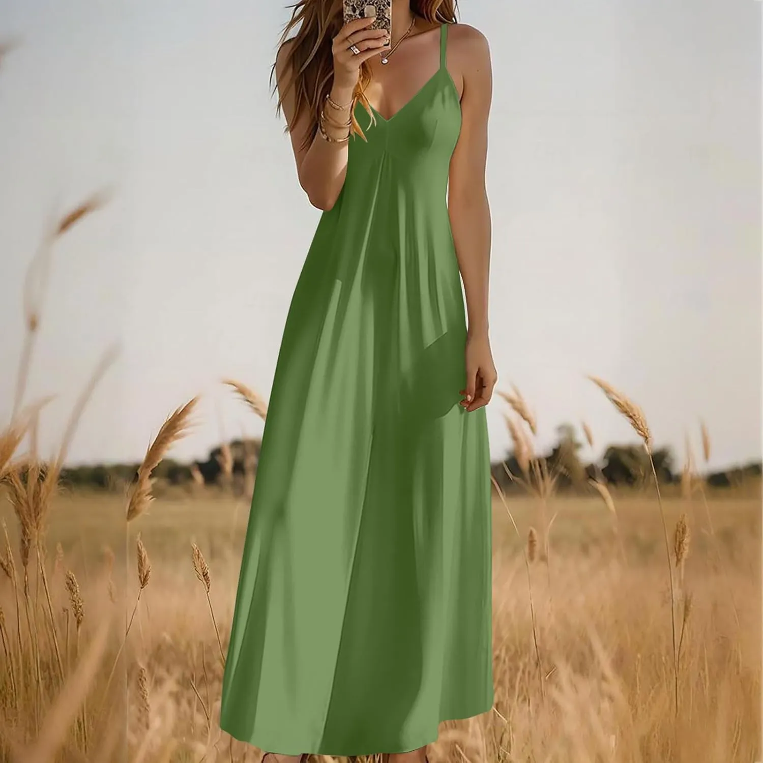 Maxi Dress for Women 2025 Casual Adjustable Spaghetti Strap Summer Long Dresses Flowy Wrap V Neck Beach Vacation Sundress