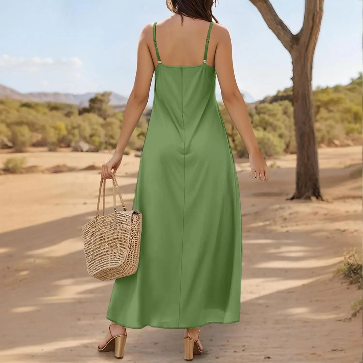 Maxi Dress for Women 2025 Casual Adjustable Spaghetti Strap Summer Long Dresses Flowy Wrap V Neck Beach Vacation Sundress
