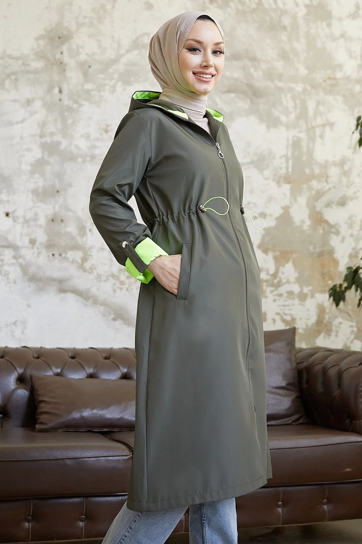 MDS Women Waist Ruffled Hooded Neon Trench Coat - Khaki \ Green - Monterrey