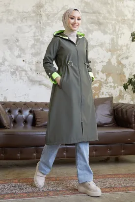 MDS Women Waist Ruffled Hooded Neon Trench Coat - Khaki \ Green - Monterrey
