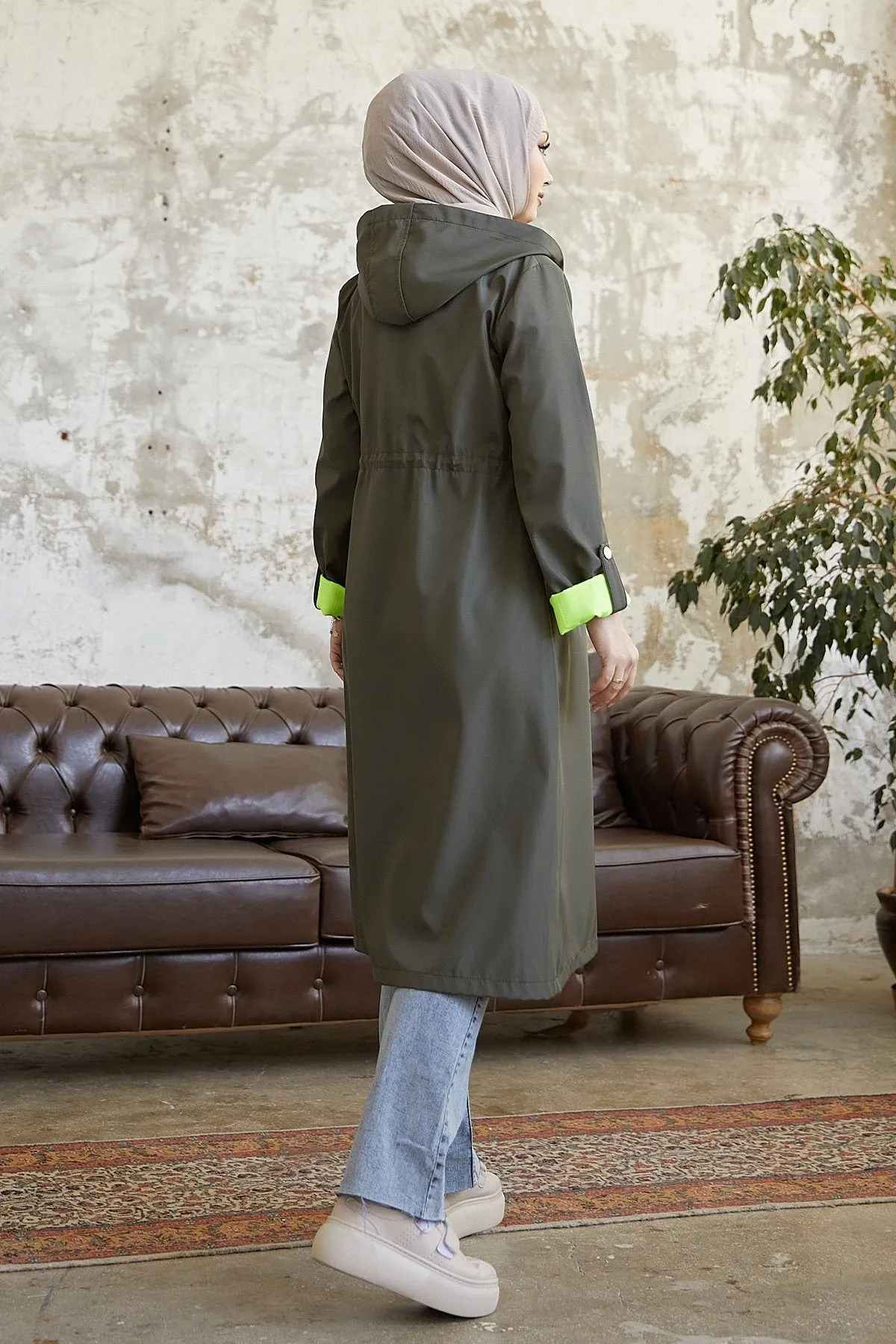 MDS Women Waist Ruffled Hooded Neon Trench Coat - Khaki \ Green - Monterrey