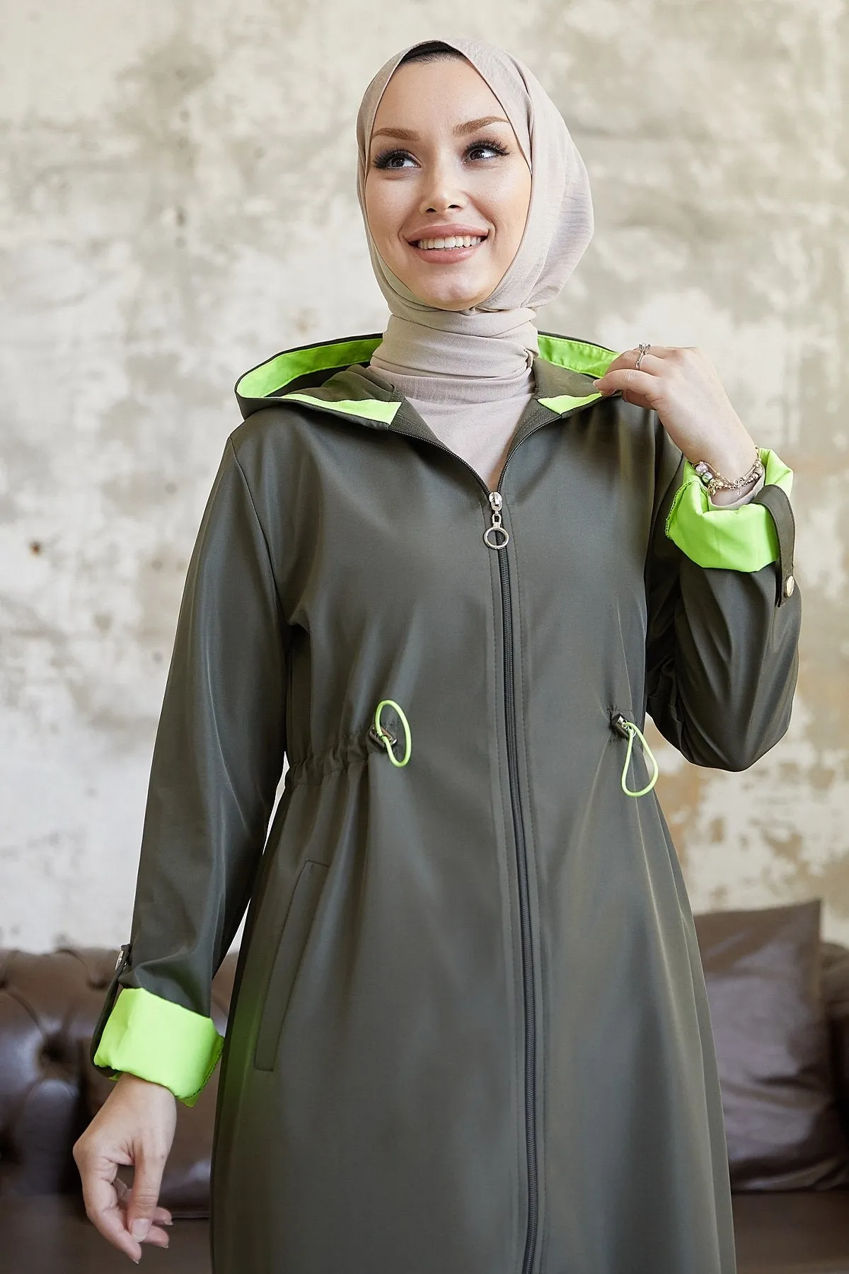 MDS Women Waist Ruffled Hooded Neon Trench Coat - Khaki \ Green - Monterrey