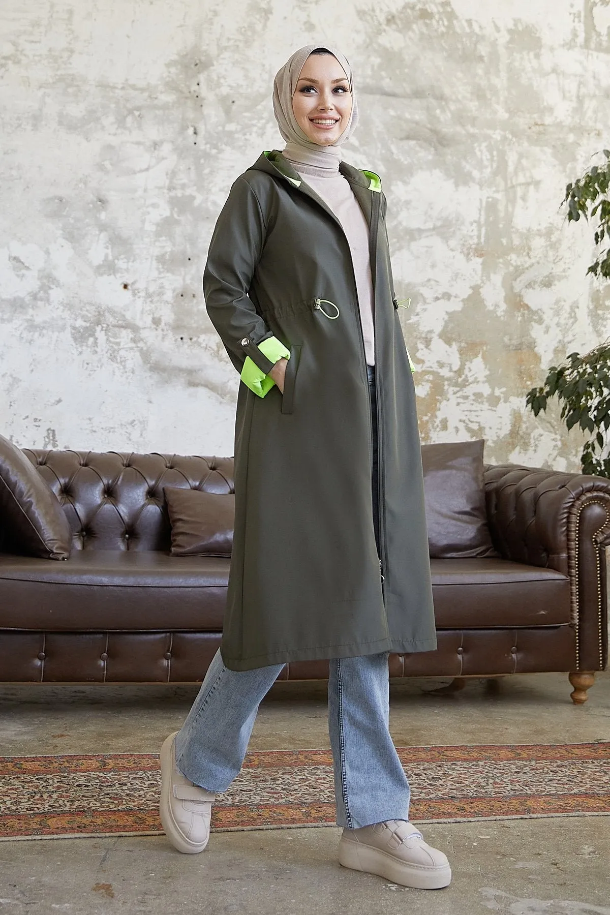 MDS Women Waist Ruffled Hooded Neon Trench Coat - Khaki \ Green - Monterrey