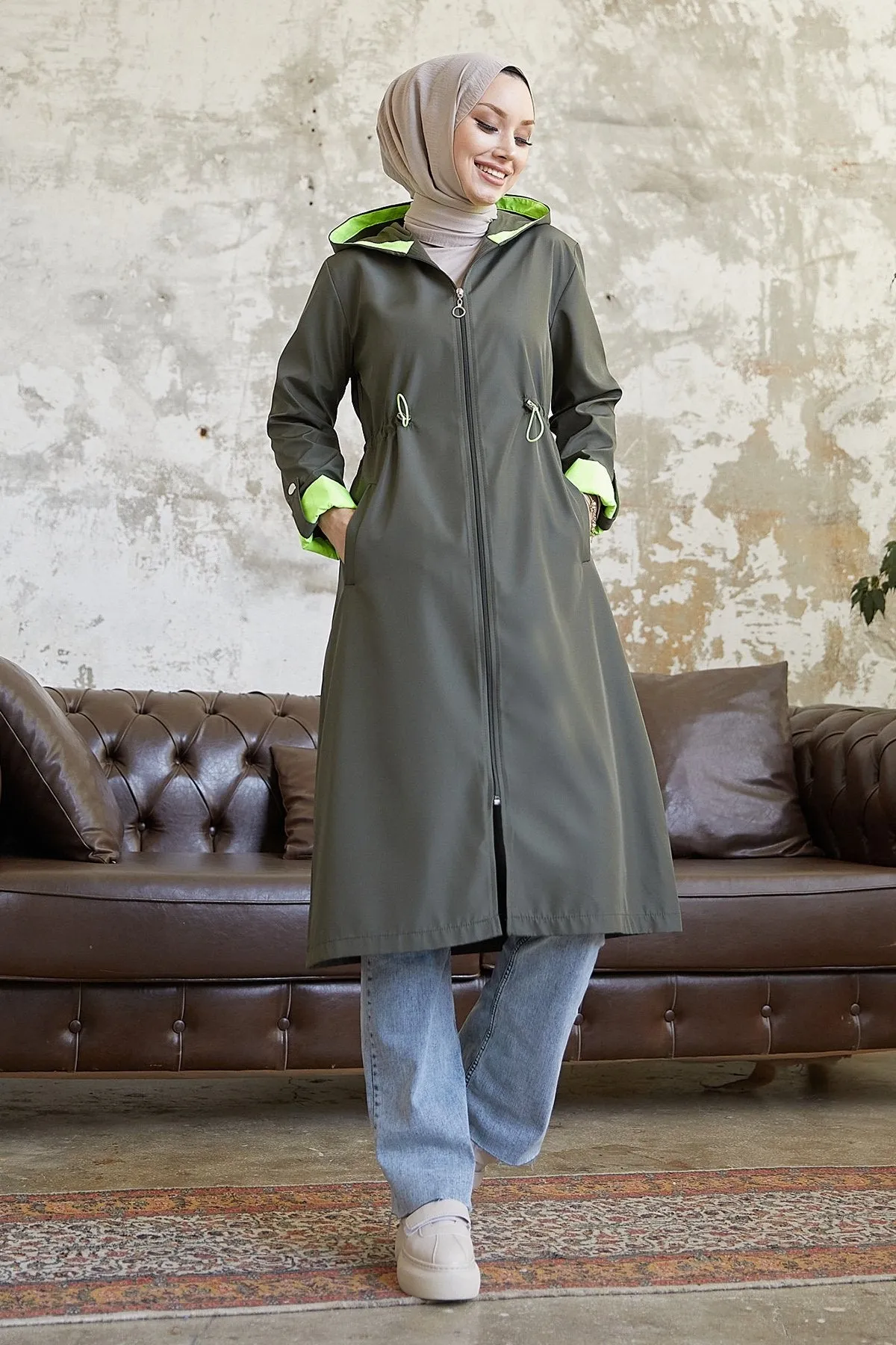 MDS Women Waist Ruffled Hooded Neon Trench Coat - Khaki \ Green - Monterrey