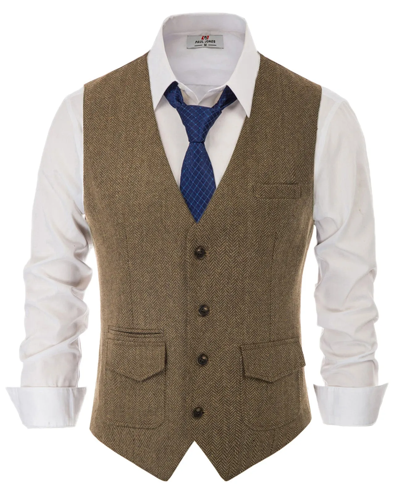 Men's British Herringbone Tweed Vest Casual Wool Blend Waistcoat with Pockets