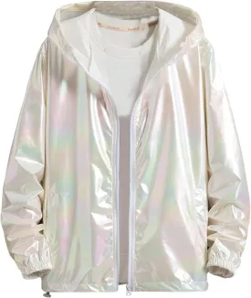Mens Metallic Holographic Jackets Retro 70s Disco Christmas Party Hip Hop Futuristic Rave Zip Up Hoodie with Pocket