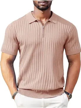 Men's Polo Shirts Short Sleeve T Shirts Ribbed Knit Zipper Polo Shirts Fashion Casual Golf Tee
