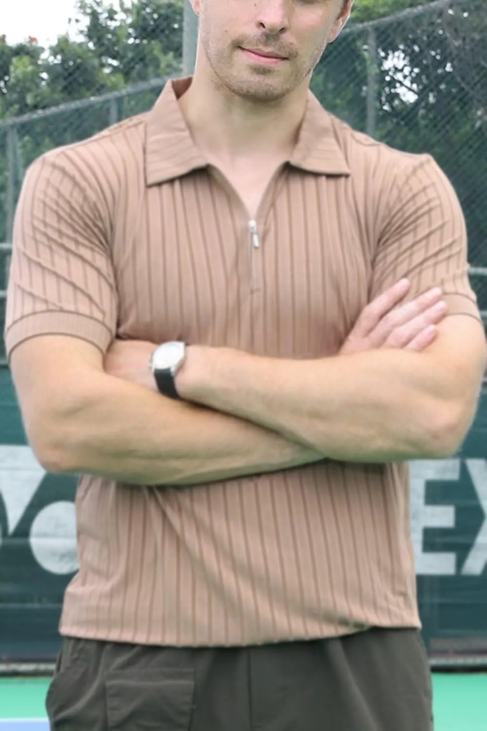 Men's Polo Shirts Short Sleeve T Shirts Ribbed Knit Zipper Polo Shirts Fashion Casual Golf Tee