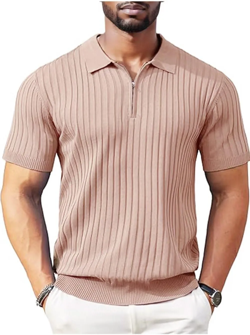 Men's Polo Shirts Short Sleeve T Shirts Ribbed Knit Zipper Polo Shirts Fashion Casual Golf Tee