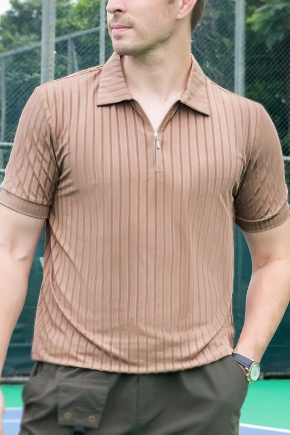 Men's Polo Shirts Short Sleeve T Shirts Ribbed Knit Zipper Polo Shirts Fashion Casual Golf Tee