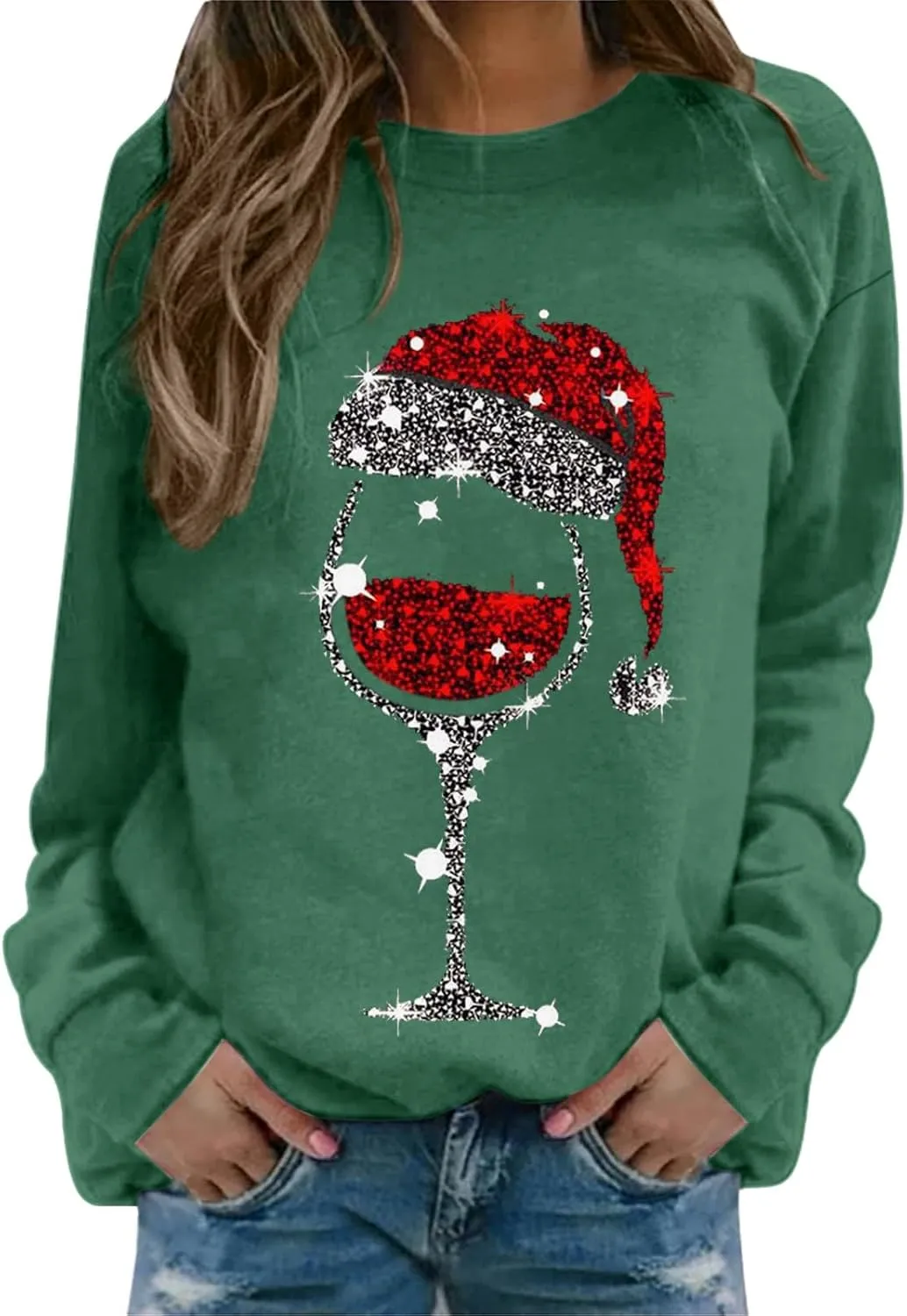 Merry Christmas Shirt for Women Crewneck Funny Red Wine Glass Graphic Sweatshirt Xmas Holiday Long Sleeve Pullover