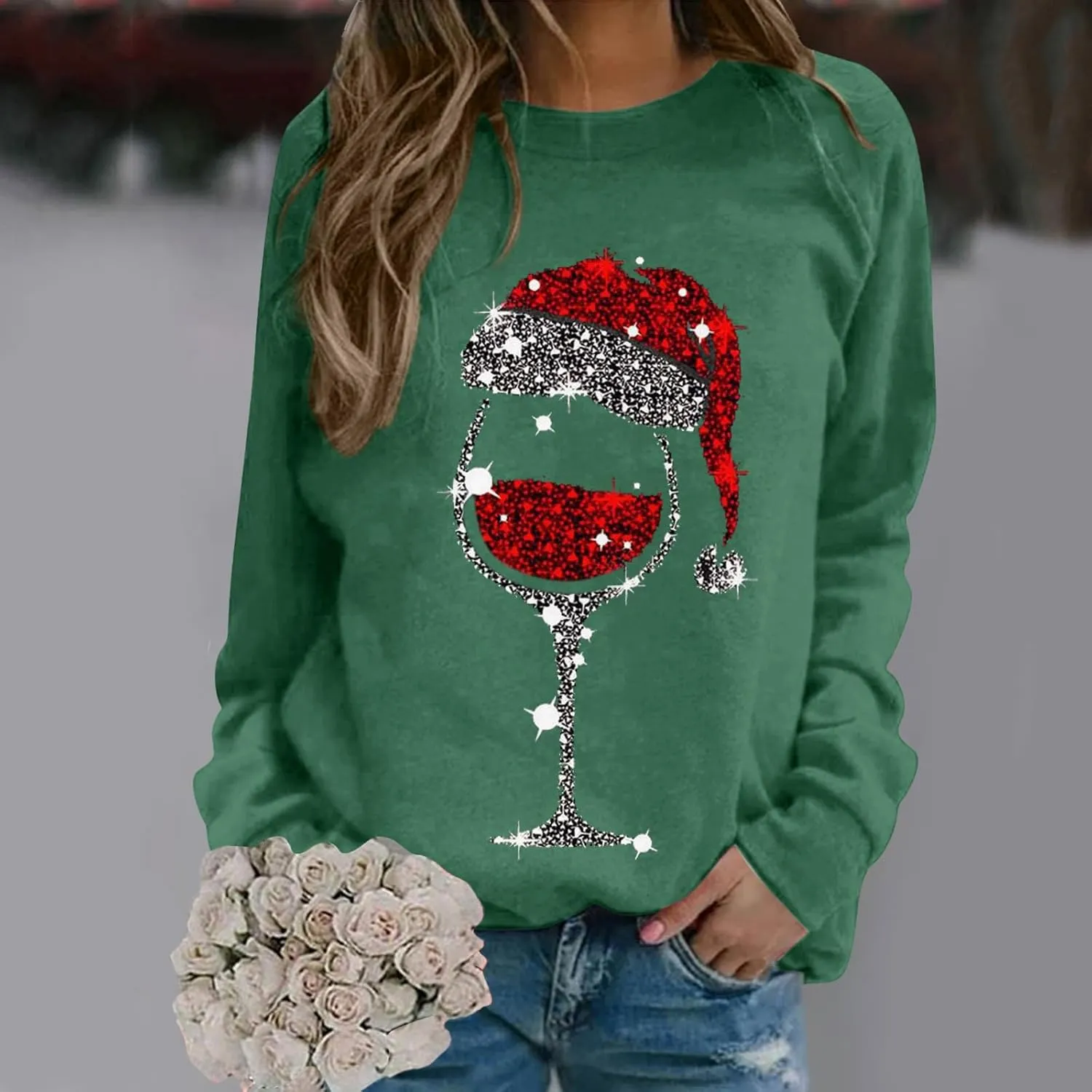 Merry Christmas Shirt for Women Crewneck Funny Red Wine Glass Graphic Sweatshirt Xmas Holiday Long Sleeve Pullover