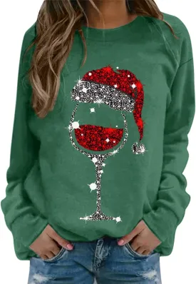 Merry Christmas Shirt for Women Crewneck Funny Red Wine Glass Graphic Sweatshirt Xmas Holiday Long Sleeve Pullover