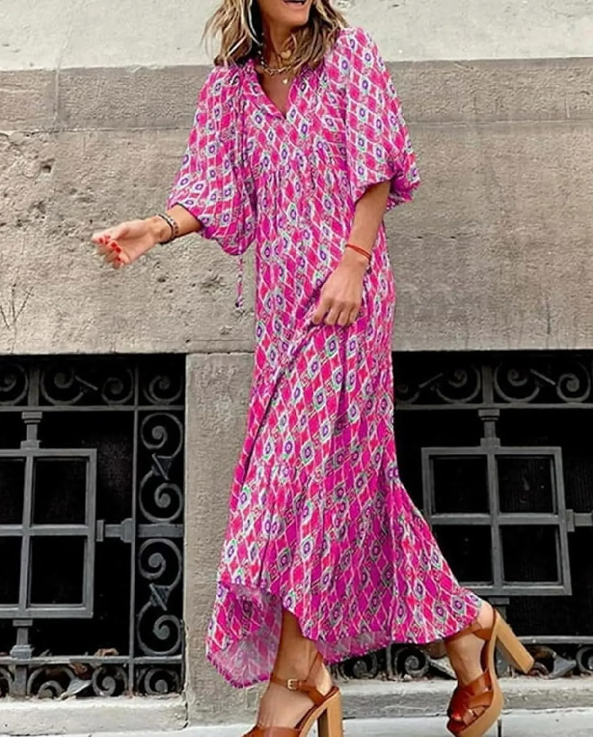 NBXNZWF Boho Maxi Dresses for Women Casual Loose Long Sleeve Flowy Beach Dress Puff Sleeve V Neck Pleated Vacation Dresses