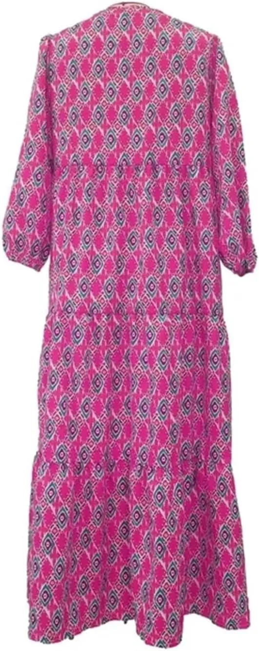 NBXNZWF Boho Maxi Dresses for Women Casual Loose Long Sleeve Flowy Beach Dress Puff Sleeve V Neck Pleated Vacation Dresses