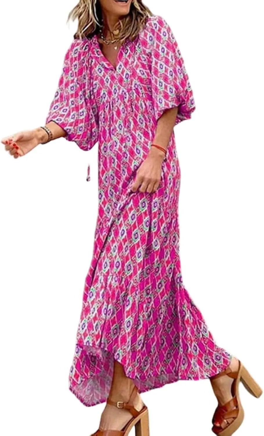 NBXNZWF Boho Maxi Dresses for Women Casual Loose Long Sleeve Flowy Beach Dress Puff Sleeve V Neck Pleated Vacation Dresses