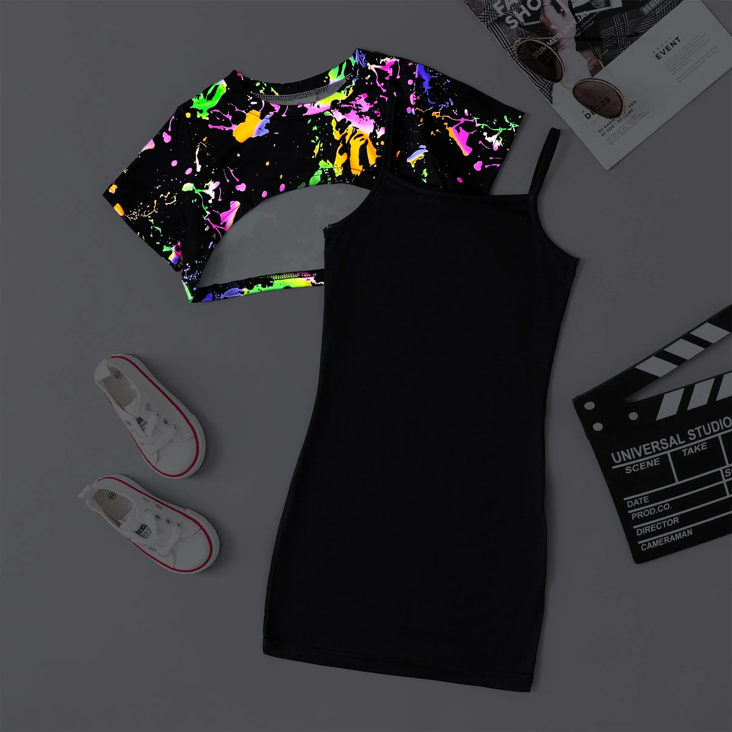 Night Glow Camouflage Skirt Suit for Girls, 2pcs, Polyester (95%) and Chlorofibre (5%) Blend