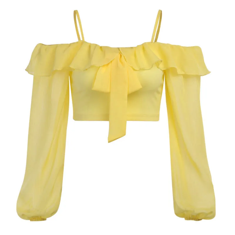 One-word shoulder long sleeve navel bow suspender jacket