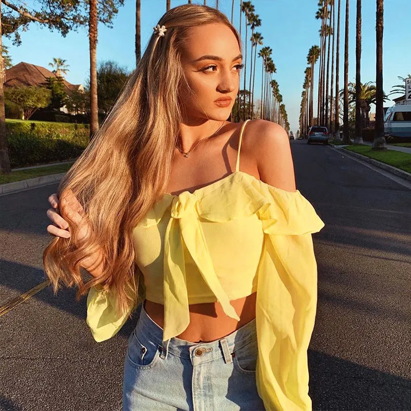One-word shoulder long sleeve navel bow suspender jacket