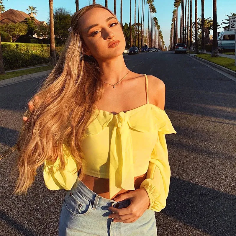 One-word shoulder long sleeve navel bow suspender jacket