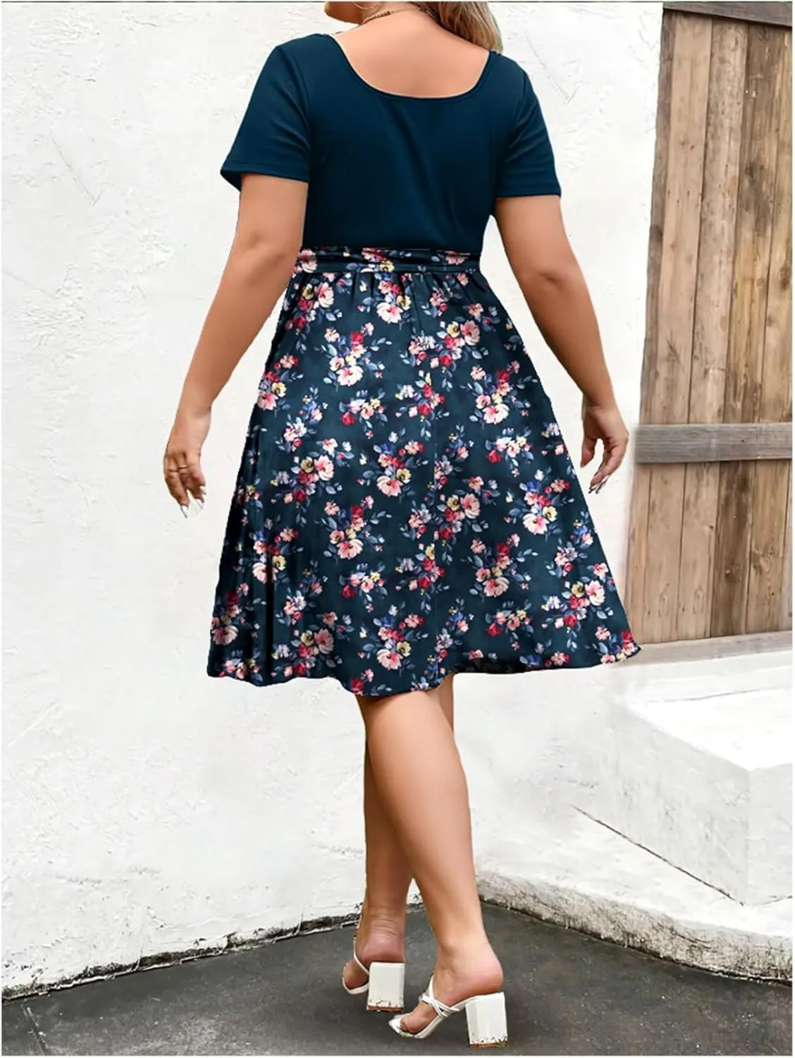 Plus Size Summer Dresses for Women Short Sleeve Empire Waist Semi Formal Floral Dress Midi Length Belted Sundresses