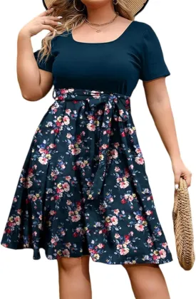 Plus Size Summer Dresses for Women Short Sleeve Empire Waist Semi Formal Floral Dress Midi Length Belted Sundresses