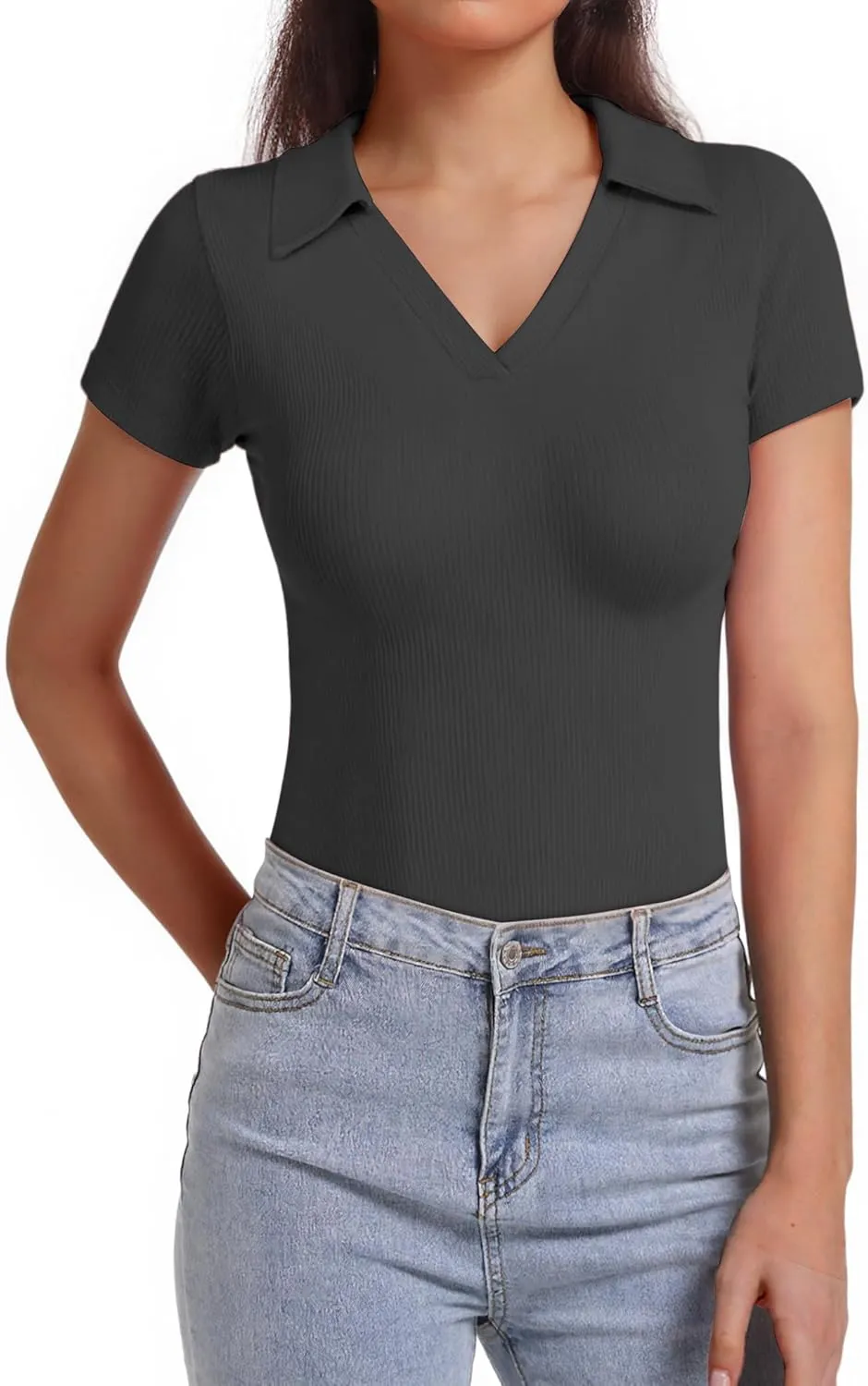 Polo Shirts for Women, Short Sleeve Business Casual Tops, V Neck Polo Collared Work Shirts, Ribbed Fitted Shirts