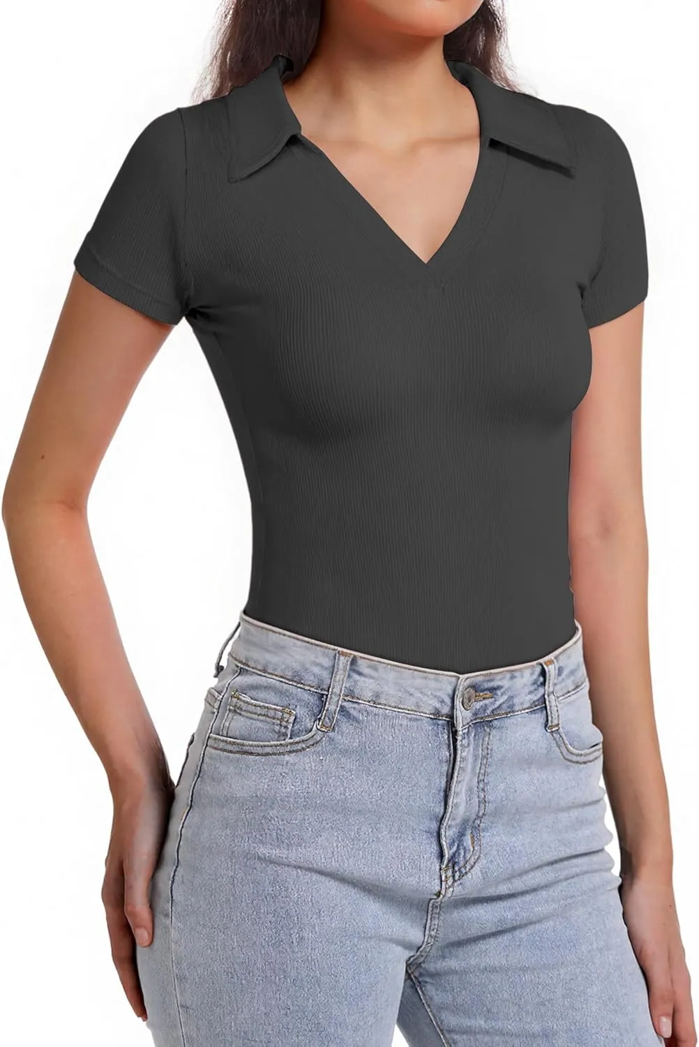 Polo Shirts for Women, Short Sleeve Business Casual Tops, V Neck Polo Collared Work Shirts, Ribbed Fitted Shirts