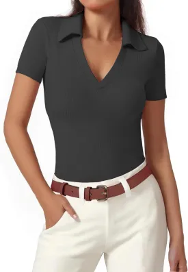 Polo Shirts for Women, Short Sleeve Business Casual Tops, V Neck Polo Collared Work Shirts, Ribbed Fitted Shirts