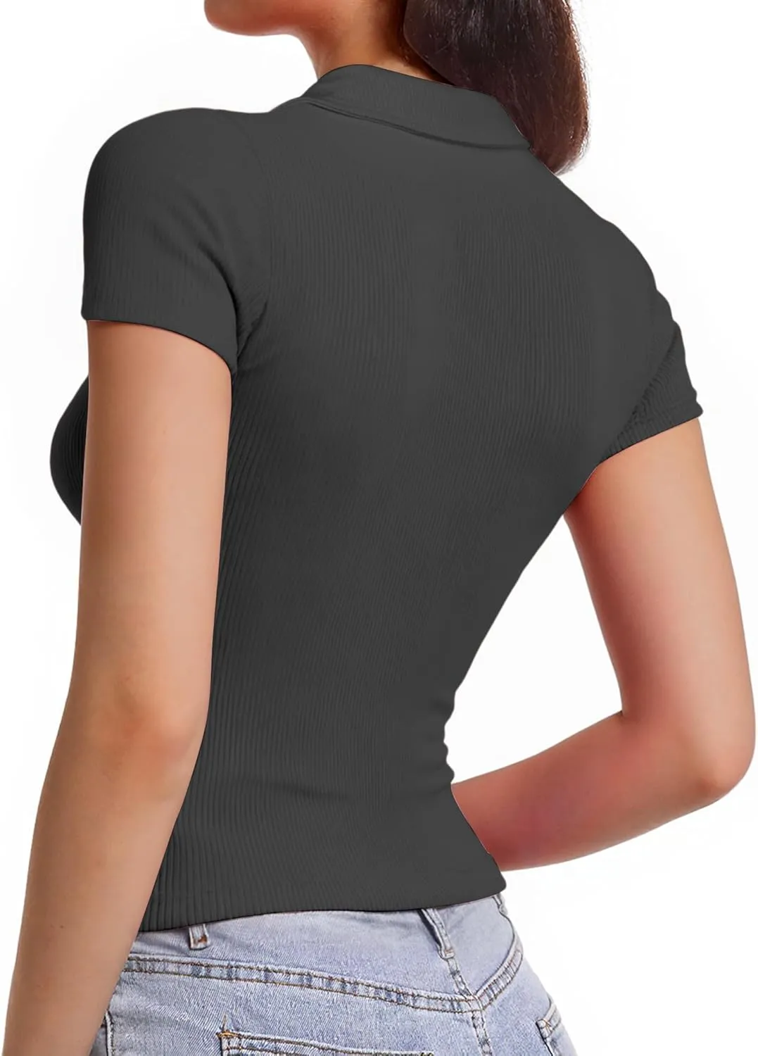 Polo Shirts for Women, Short Sleeve Business Casual Tops, V Neck Polo Collared Work Shirts, Ribbed Fitted Shirts