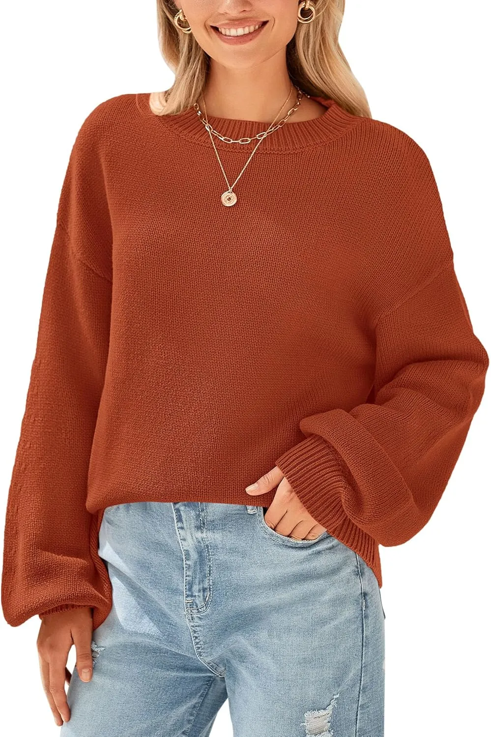 PRETTYGARDEN Women's 2024 Winter Chunky Knit Sweater Casual Long Lantern Sleeve Crewneck Pullover Jumper Tops