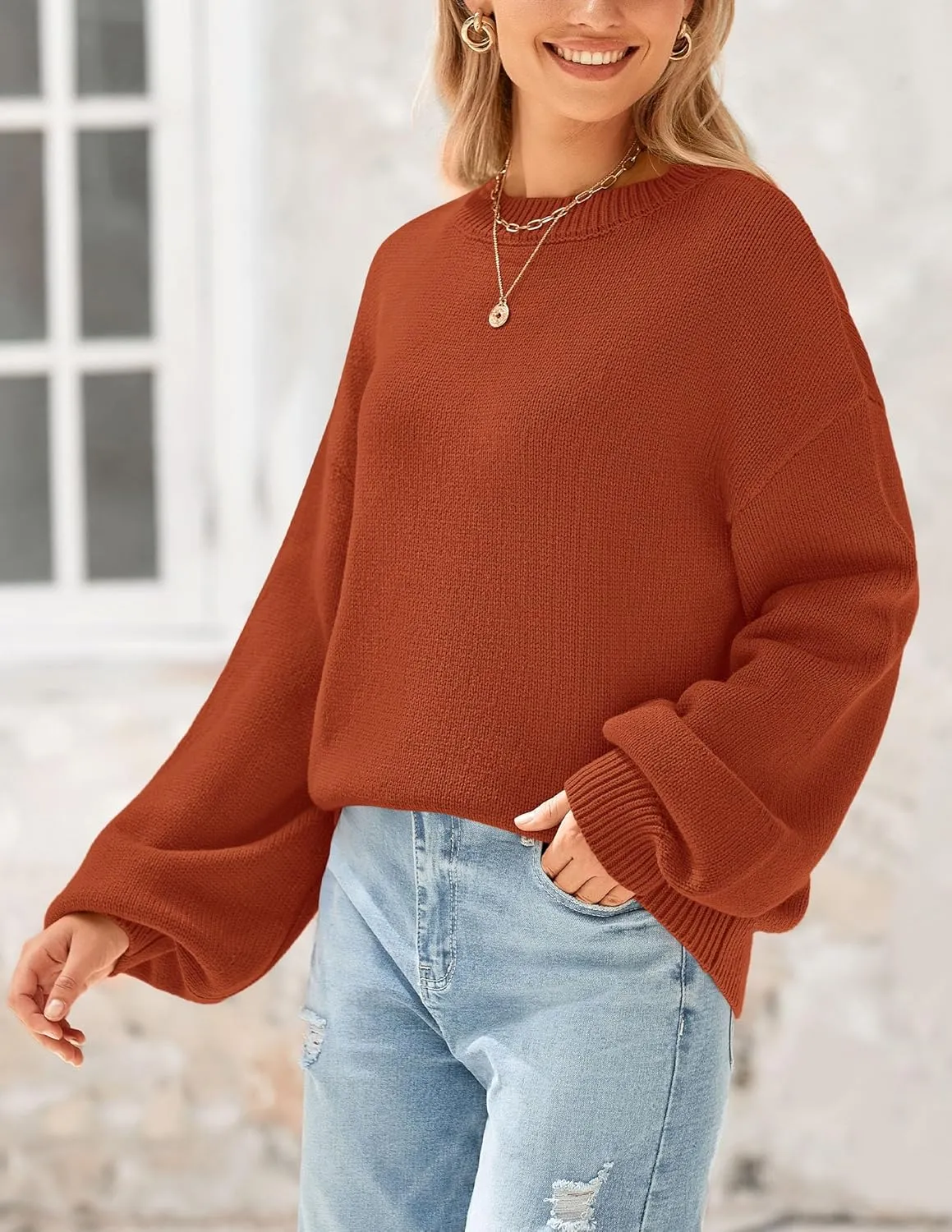 PRETTYGARDEN Women's 2024 Winter Chunky Knit Sweater Casual Long Lantern Sleeve Crewneck Pullover Jumper Tops