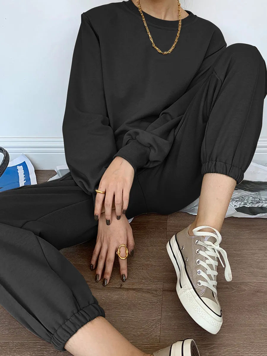 Pure Color Loose Round Neck Casual Sweatshirt Two-piece Suit