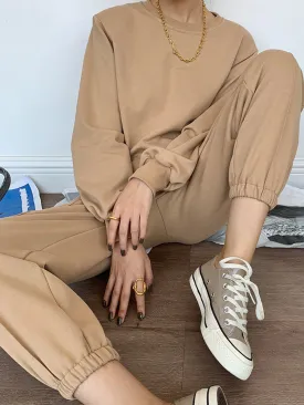 Pure Color Loose Round Neck Casual Sweatshirt Two-piece Suit